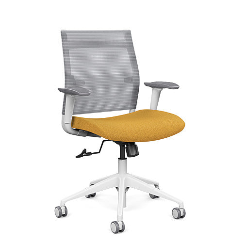 Front view of the SitonIt Wit Med Back Home Desk Chair in a Fog Mesh Back, Yellow Seat, and White Frame. Kansas City Office Furniture