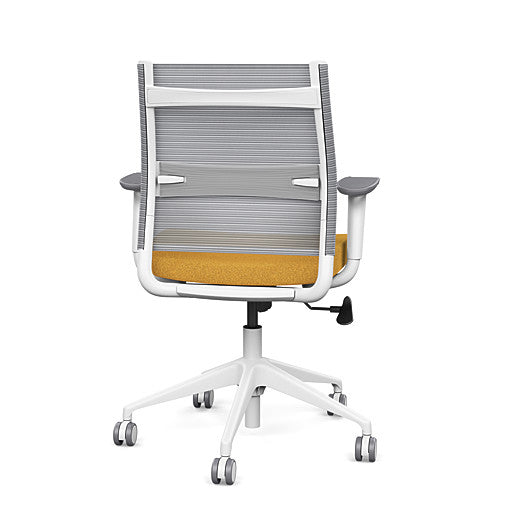 Back view of the SitonIt Wit Med Back Home Desk Chair in a Fog Mesh Back, Yellow Seat, and White Frame. Kansas City Office Furniture