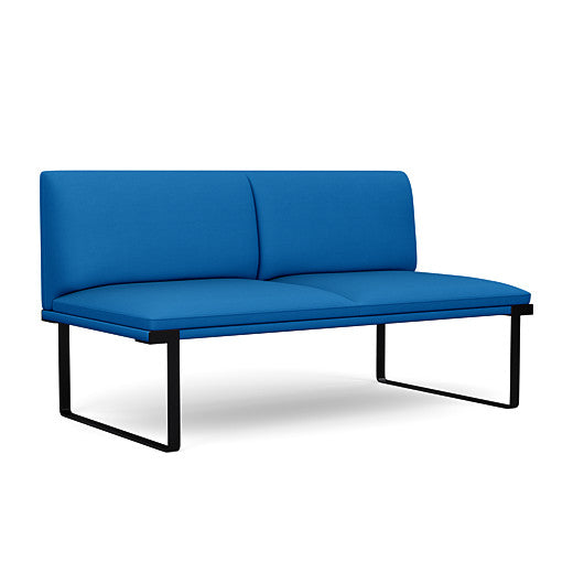 Front view of the SitOnIt Cameo 2 seater loveseat Armless in blue fabric with Black Frame. Kansas City Office Design