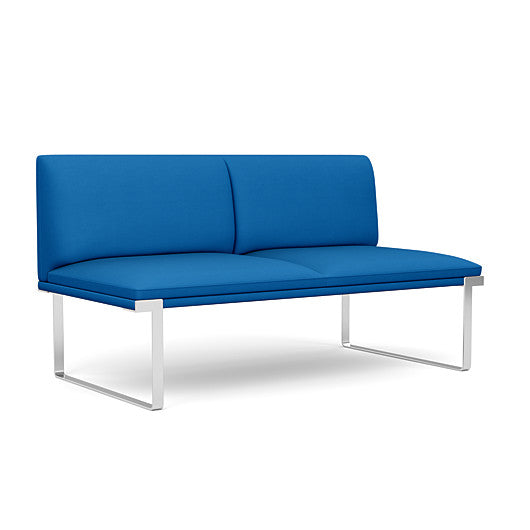 Front view of the SitOnIt Cameo 2 seater loveseat Armless in blue fabric with Chrome Frame. Kansas City Office Design