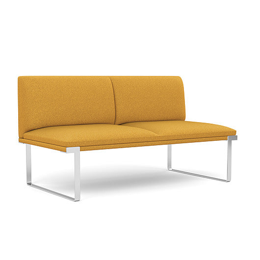Front view of the SitOnIt Cameo 2 seater loveseat Armless in gold fabric with chrome Frame. Kansas City Office Design