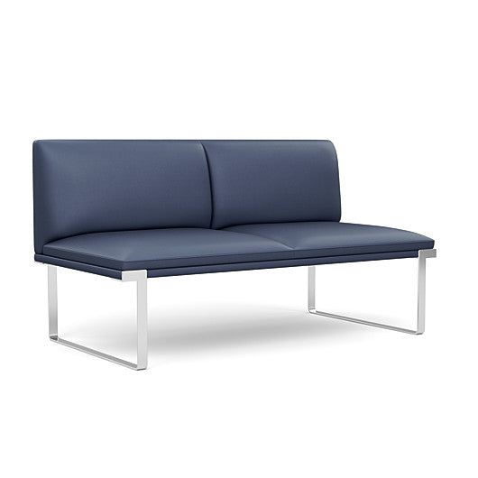 Front view of the SitOnIt Cameo 2 seater loveseat Armless in sapphire vinyl with chrome Frame. Kansas City Office Design