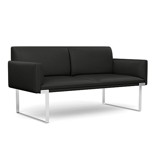 Front view of the SitOnIt Cameo 2 seater loveseat in black vinyl with chrome Frame. Kansas City Office Design