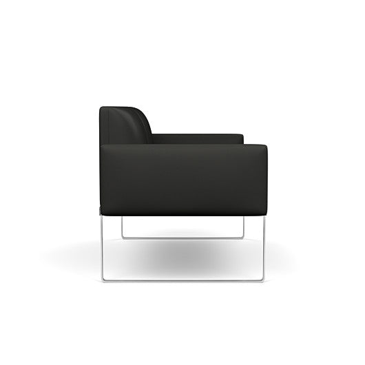 Side view of the SitOnIt Cameo 2 seater loveseat in black vinyl with chrome Frame. Kansas City Office Design
