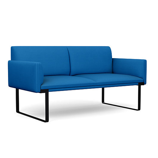 Front view of the SitOnIt Cameo 2 seater loveseat in blue fabric with black Frame. Kansas City Office Design