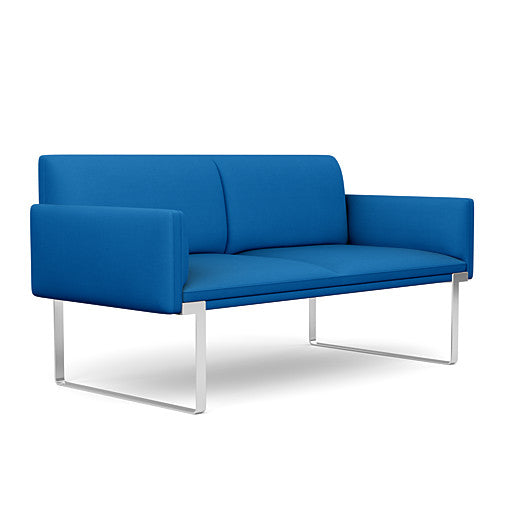 Front view of the SitOnIt Cameo 2 seater loveseat in blue fabric with chrome Frame. Kansas City Office Design