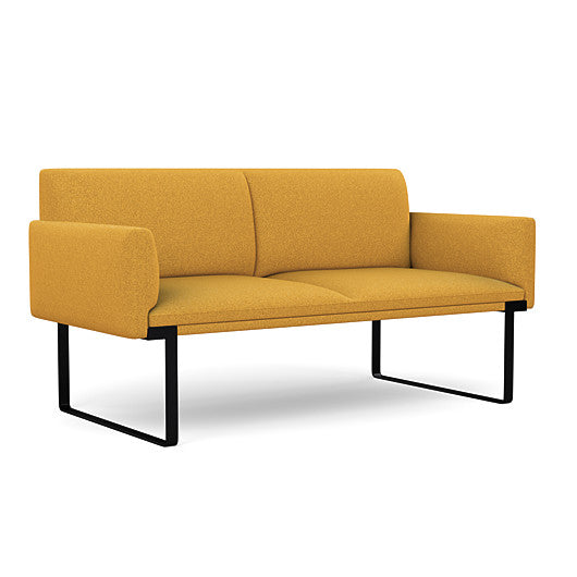 Front view of the SitOnIt Cameo 2 seater loveseat in gold fabric with black Frame. Kansas City Office Design
