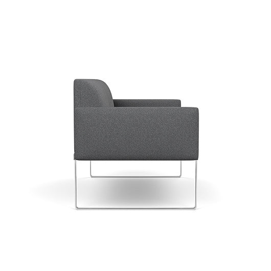 Side view of the SitOnIt Cameo 2 seater loveseat in gray fabric with chrome Frame. Kansas City Office Design