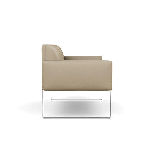 Side view of the SitOnIt Cameo 2 seater loveseat in pebble vinyl with chrome Frame. Kansas City Office Design