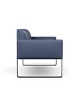Side view of the SitOnIt Cameo 2 seater loveseat in sapphire vinyl with black Frame. Kansas City Office Design