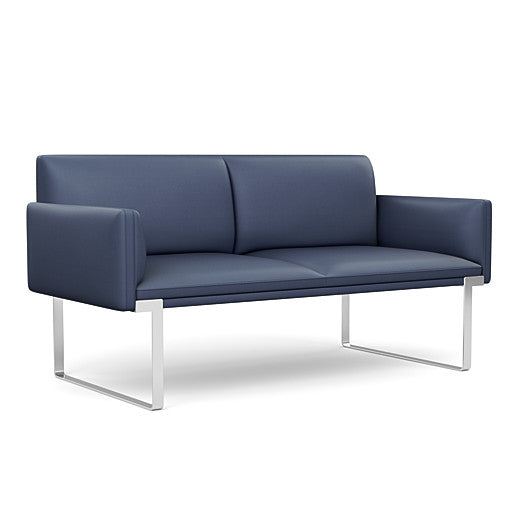Front view of the SitOnIt Cameo 2 seater loveseat in sapphire vinyl with chrome Frame. Kansas City Office Design