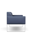 Side view of the SitOnIt Cameo 2 seater loveseat in sapphire vinyl with chrome Frame. Kansas City Office Design