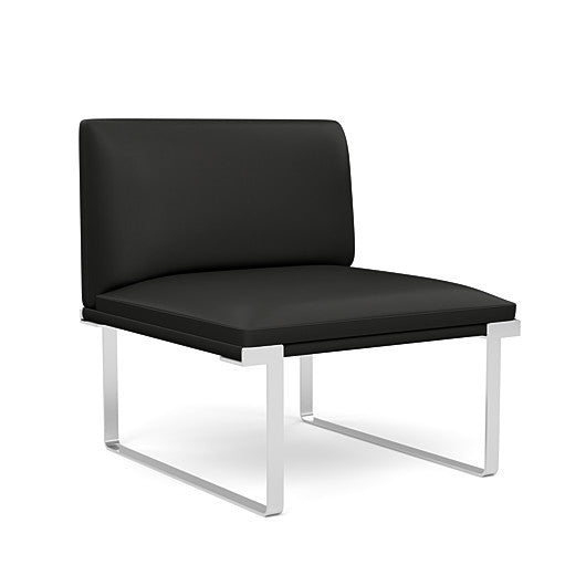 Front view of the SitOnIt Cameo Club Chair armless in black vinyl with chrome Frame. Kansas City Office Design