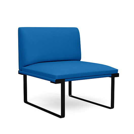 Front view of the SitOnIt Cameo Club Chair armless in blue fabric with black Frame. Kansas City Office Design