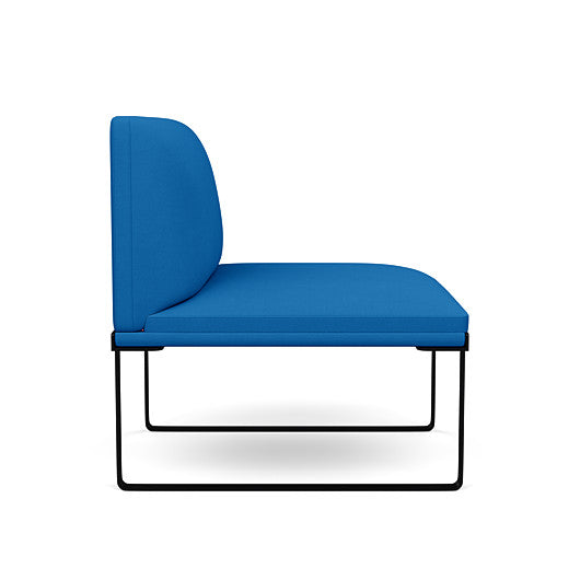 Side view of the SitOnIt Cameo Club Chair armless in blue fabric with black Frame. Kansas City Office Design