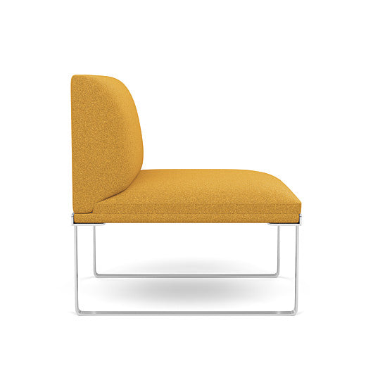 Side view of the SitOnIt Cameo Club Chair armless in gold fabric with chrome Frame. Kansas City Office Design