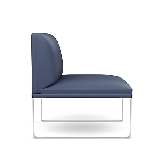 Side view of the SitOnIt Cameo Club Chair armless in sapphire vinyl with chrome Frame. Kansas City Office Design