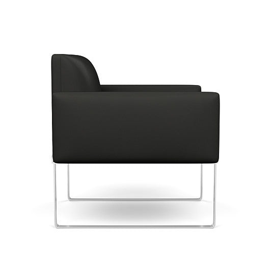Side view of the SitOnIt Cameo Club Chair in black vinyl with chrome Frame. Kansas City Office Design