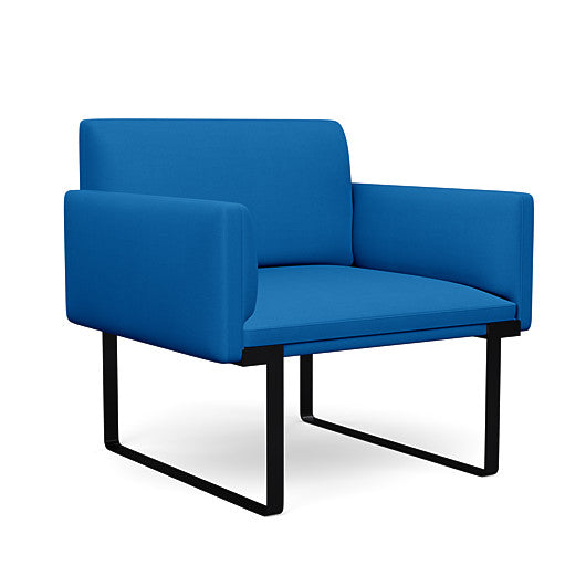 Front view of the SitOnIt Cameo Club Chair in blue fabric with black Frame. Kansas City Office Design