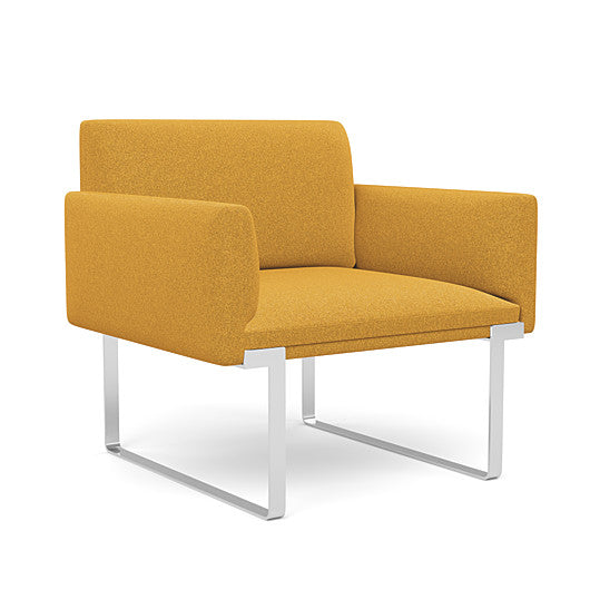 Front view of the SitOnIt Cameo Club Chair in gold fabric with chrome Frame. Kansas City Office Design
