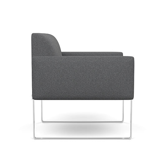 Side view of the SitOnIt Cameo Club Chair in gray fabric with chrome Frame. Kansas City Office Design