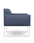 Side view of the SitOnIt Cameo Club Chair in sapphire vinyl with chrome Frame. Kansas City Office Design