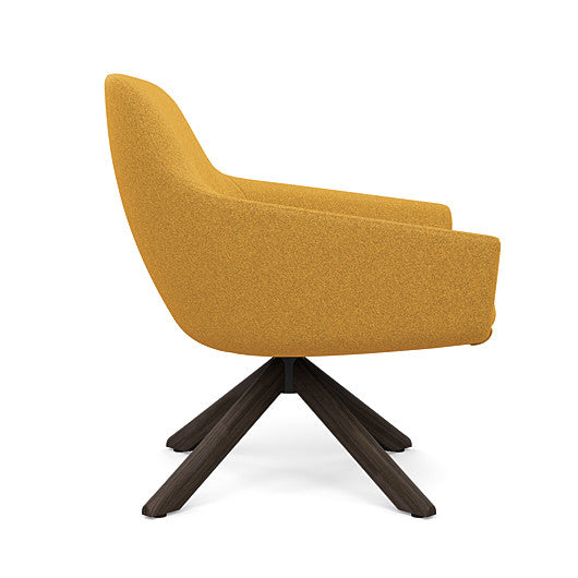 Side view of the Gobi Mid-Back Modern Lounge Chair with Skyline Wood Stained Legs in Gold Fabric. Kansas City Office Furniture
