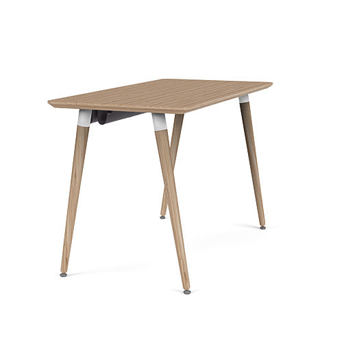 Side view of the SitOnIt Reya Office Desk with Angled Legs. The legs are tapered bamboo with a bamboo top. Kansas City Office Furniture