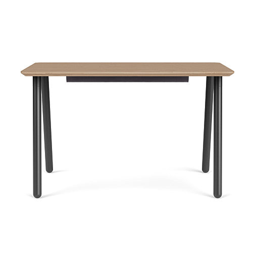 Front view of the SitOnIt Reya Office Desk with Angled Metal Legs. The legs are black with a bamboo top. Kansas City Office Furniture