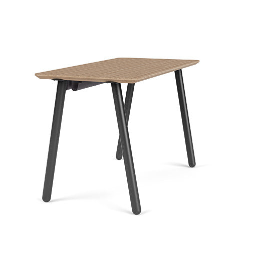 Side view of the SitOnIt Reya Office Desk with Angled Metal Legs. The legs are black with a bamboo top. Kansas City Office Furniture