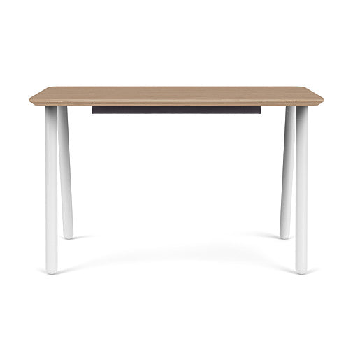 Front view of the SitOnIt Reya Office Desk with Angled Metal Legs. The legs are white with a bamboo top. Kansas City Office Furniture