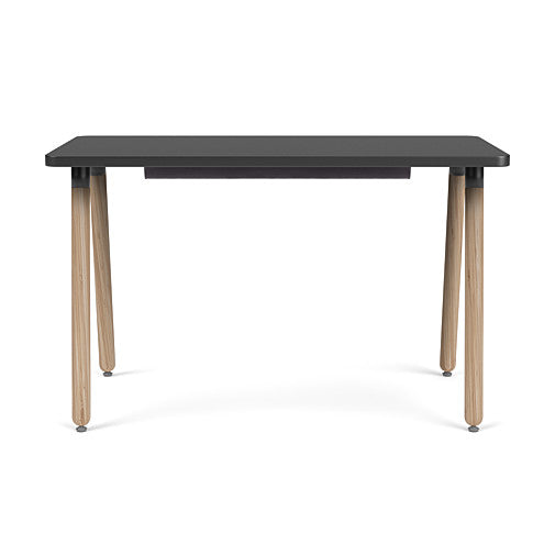 Front view of the SitOnIt Reya Office Desk with Angled Legs. The legs are Bamboo with a black top. Kansas City Office Furniture