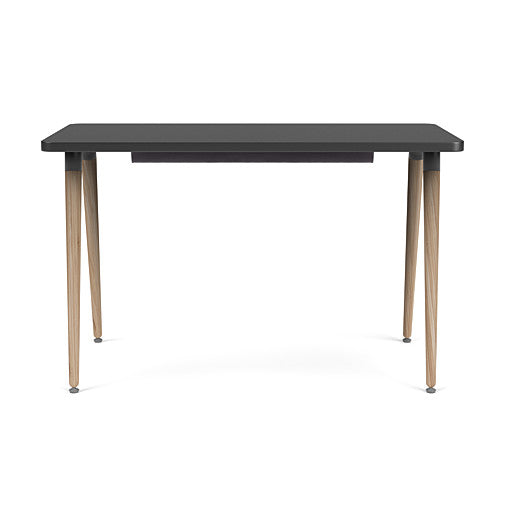 Front view of the SitOnIt Reya Office Desk with Angled Legs. The legs are tapered Bamboo with a black top. Kansas City Office Furniture