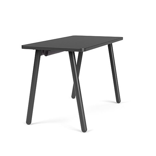 Side view of the SitOnIt Reya Office Desk with Angled Metal Legs. The legs are black with a black top. Kansas City Office Furniture