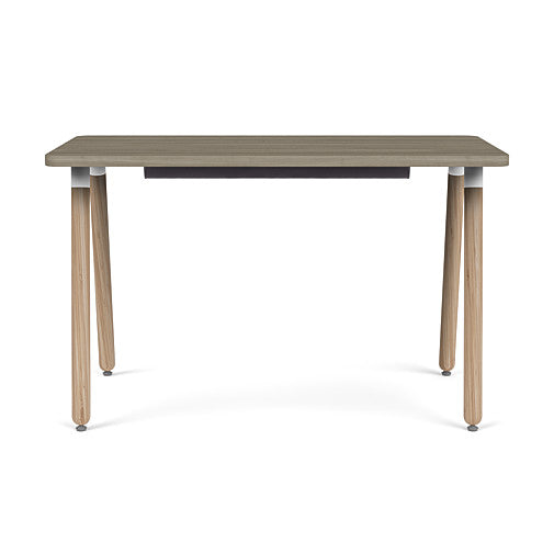 Front view of the SitOnIt Reya Office Desk with Angled Legs. The legs are bamboo with a sandalwood top. Kansas City Office Furniture