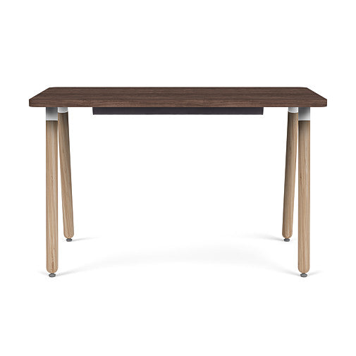 Front view of the SitOnIt Reya Office Desk with Angled Legs. The legs are bamboo with a walnut top. Kansas City Office Furniture