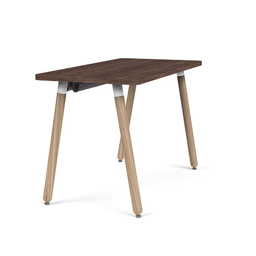 Side view of the SitOnIt Reya Office Desk with Angled Legs. The legs are bamboo with a walnut top. Kansas City Office Furniture