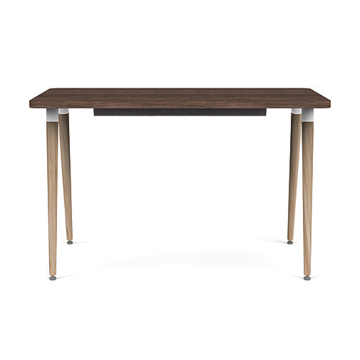 Front view of the SitOnIt Reya Office Desk with Angled Legs. The legs are tapered bamboo with a walnut top. Kansas City Office Furniture