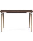 Front view of the SitOnIt Reya Office Desk with Angled Legs. The legs are tapered bamboo with a walnut top. Kansas City Office Furniture
