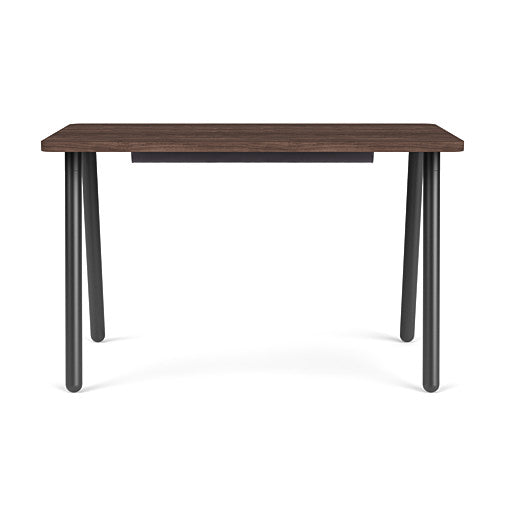 Front view of the SitOnIt Reya Office Desk with Angled Metal Legs. The legs are black with a walnut top. Kansas City Office Furniture
