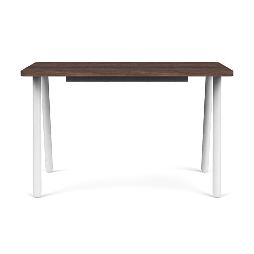 Front view of the SitOnIt Reya Office Desk with Angled Metal Legs. The legs are white with a walnut top. Kansas City Office Furniture
