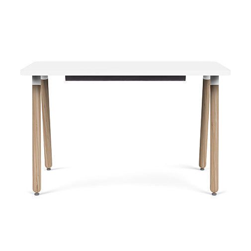 Front view of the SitOnIt Reya Office Desk with Angled Legs. The legs are bamboo with a white top. Kansas City Office Furniture