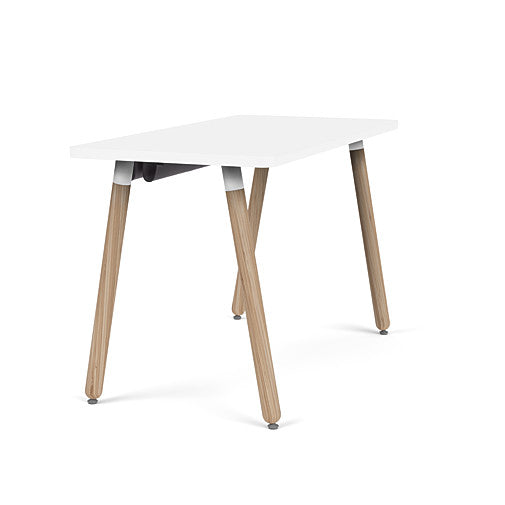 Side view of the SitOnIt Reya Office Desk with Angled Legs. The legs are bamboo with a white top. Kansas City Office Furniture