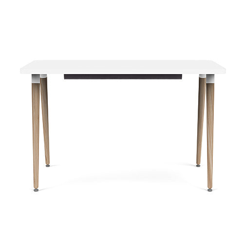 Front view of the SitOnIt Reya Office Desk with Angled Legs. The legs are tapered bamboo with a white top. Kansas City Office Furniture