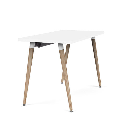 Side view of the SitOnIt Reya Office Desk with Angled Legs. The legs are tapered bamboo with a white top. Kansas City Office Furniture