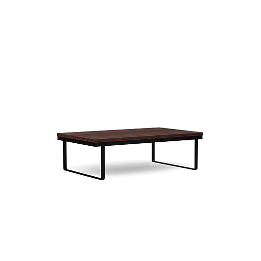 Front view of the SitOnIt Rectangle Coffee Table in Colombian Walnut Laminate and Black Frame. Kansas City Office Design.