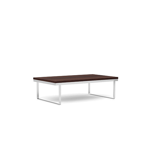 Front view of the SitOnIt Rectangle Coffee Table in Colombian Walnut Laminate and Chrome Frame. Kansas City Office Design.