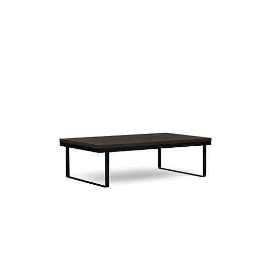 Front view of the SitOnIt Rectangle Coffee Table in Skyline Walnut Laminate and Black Frame. Kansas City Office Design.