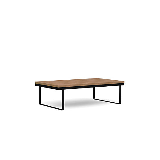 Front view of the SitOnIt Rectangle Coffee Table in Uptown Walnut Laminate and Black Frame. Kansas City Office Design.