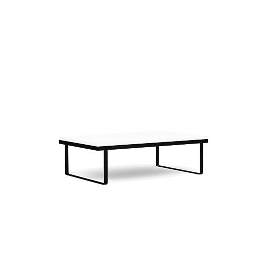 Front view of the SitOnIt Rectangle Coffee Table in Designer White Laminate and Black Frame. Kansas City Office Design.